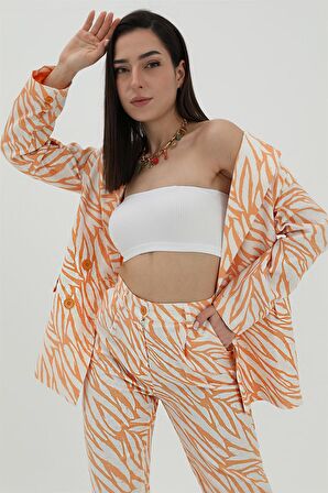 Zebra Desen Oversize Keten Ceket - Turuncu