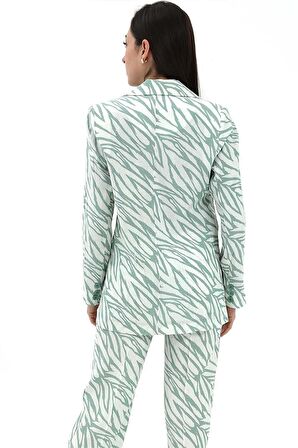 Zebra Desen Oversize Keten Ceket - Mint Yeşili