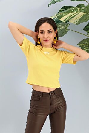 Tshirt Crop Bisiklet Yaka Off Yazılı - Sarı