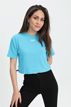 Tshirt Crop Bisiklet Yaka Off Yazılı - Mavi