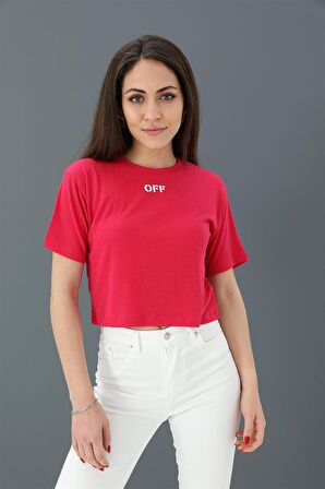 Tshirt Crop Bisiklet Yaka Off Yazılı - Fuşya