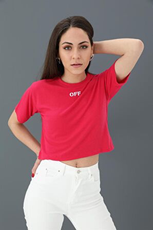 Tshirt Crop Bisiklet Yaka Off Yazılı - Fuşya