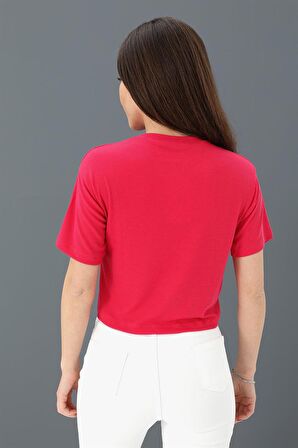 Tshirt Crop Bisiklet Yaka Off Yazılı - Fuşya