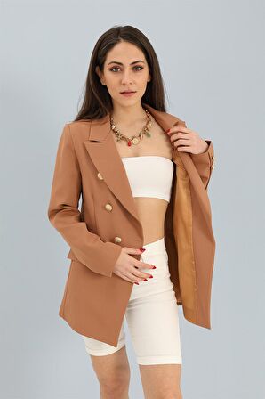 Blazer Fleto Cepli Atlas Kumaş Ceket - Camel