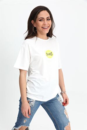 T-shirt Bisiklet Yaka Önü ve Arkası Baskılı - Ekru