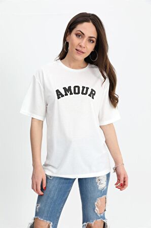 T-shirt Bisiklet Yaka Amour Baskılı - Siyah