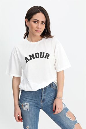 T-shirt Bisiklet Yaka Amour Baskılı - Siyah