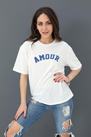 T-shirt Bisiklet Yaka Amour Baskılı - Mavi