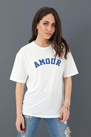 T-shirt Bisiklet Yaka Amour Baskılı - Mavi