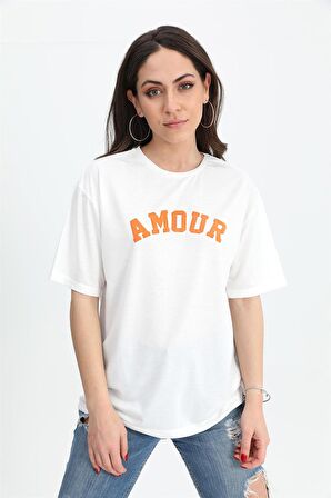 T-shirt Bisiklet Yaka Amour Baskılı - Turuncu