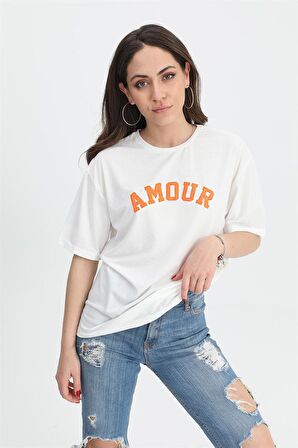 T-shirt Bisiklet Yaka Amour Baskılı - Turuncu