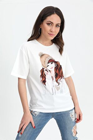 T-shirt Kız Baskılı Taş İşlemeli - Bej