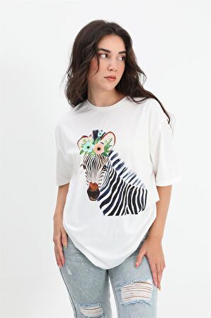 T-shirt Bisiklet Yaka Zebra Desenli - Ekru