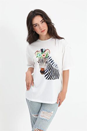 T-shirt Bisiklet Yaka Zebra Desenli - Ekru