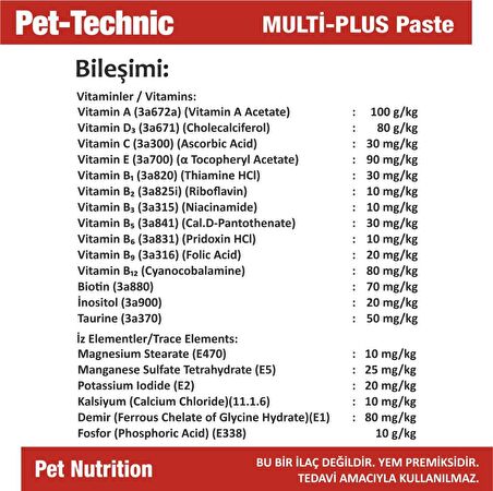 Pet Technic Yavru-Yetişkin Vitamin Destekleyici Multi Vitamin Macun 100 gr