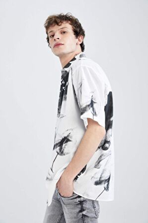 Oversize Fit Polo Yaka Baskılı Keten Görünümlü Kısa Kollu Gömlek X3332AZ22SMWT34