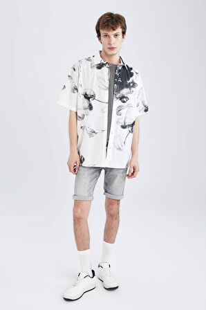Oversize Fit Polo Yaka Baskılı Keten Görünümlü Kısa Kollu Gömlek X3332AZ22SMWT34