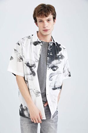Oversize Fit Polo Yaka Baskılı Keten Görünümlü Kısa Kollu Gömlek X3332AZ22SMWT34
