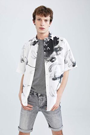 Oversize Fit Polo Yaka Baskılı Keten Görünümlü Kısa Kollu Gömlek X3332AZ22SMWT34