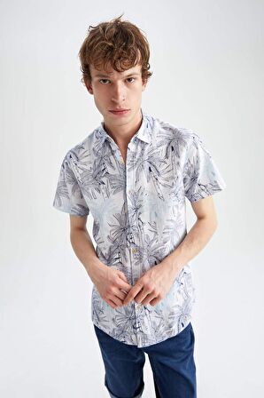 Slim Fit Polo Yaka Çiçekli Keten Görünümlü Kisa Kollu Gömlek