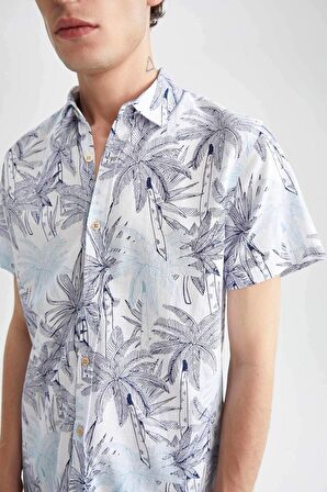 Slim Fit Polo Yaka Çiçekli Keten Görünümlü Kisa Kollu Gömlek