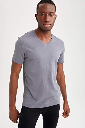 Slim Fit V Yaka Basic %100 Pamuk Tisört
