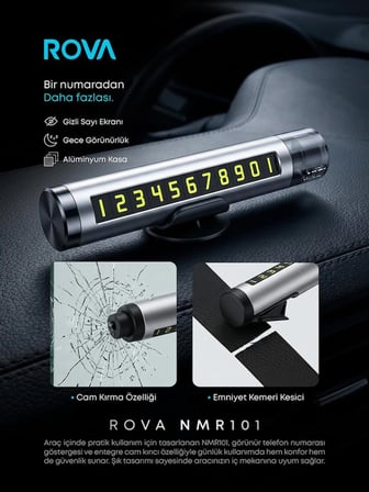 Rova NMR101 Araç İçi Geçici Park Telefon Numaratörü | Cam Kırıcı ve Emniyet Kemeri Kesicili