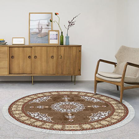 Alanur Yıldız Kaymaz Deri Tabanlı Saçaklı Dijital Halı Yuvarlak