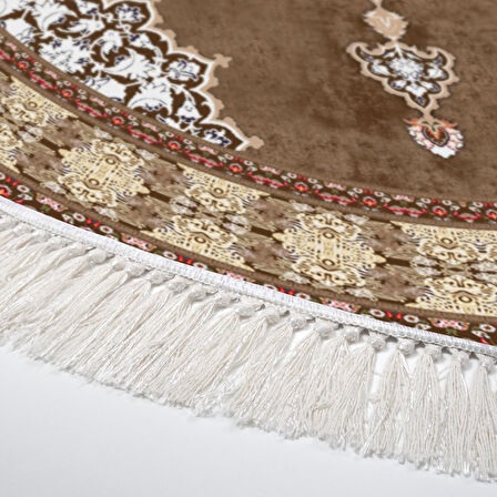 Alanur Yıldız Kaymaz Deri Tabanlı Saçaklı Dijital Halı Yuvarlak