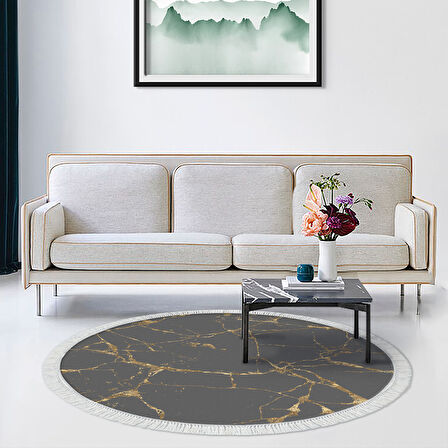 Alanur Yıldız Deri Tabanlı Saçaklı Dijital Halı Yuvarlak