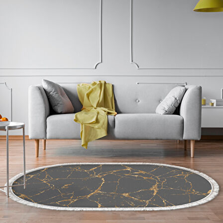 Alanur Yıldız Deri Tabanlı Saçaklı Dijital Halı Yuvarlak