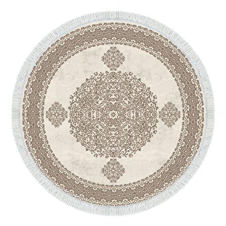 Alanur Star Kaymaz Pamuk Tabanlı Saçaklı Dijital Halı Yuvarlak