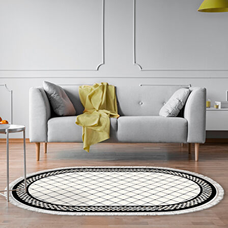 Alanur Trend Kaymaz Dod Tabanlı Saçaklı Dijital Halı Oval