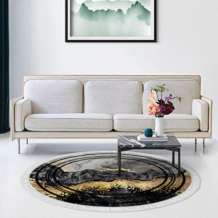 Alanur Trend Keçe Tabanlı Saçaklı Dijital Halı Yuvarlak