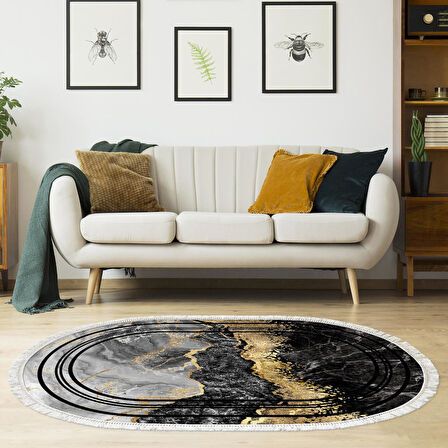 Alanur Trend Keçe Tabanlı Saçaklı Dijital Halı Yuvarlak