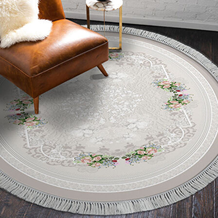 Alanur Yıldız Deri Tabanlı Saçaklı Dijital Halı Yuvarlak