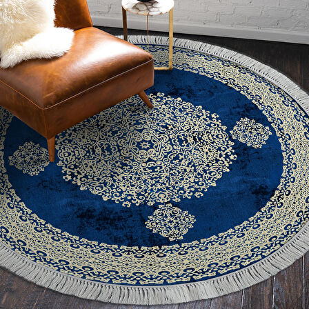 Alanur Yıldız Kaymaz Deri Tabanlı Saçaklı Dijital Halı Yuvarlak