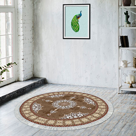 Alanur Star Kaymaz Pamuk Tabanlı Saçaklı Dijital Halı Yuvarlak