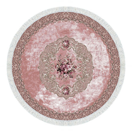 Alanur Trend Kaymaz Dod Tabanlı Saçaklı Dijital Halı Yuvarlak