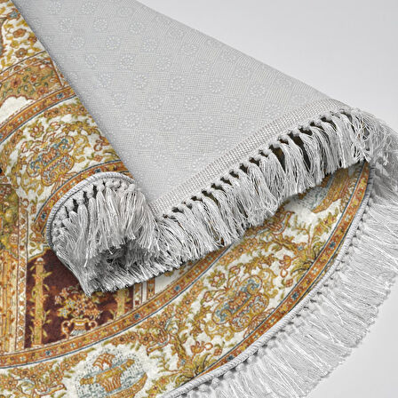 Alanur Trend Kaymaz Dod Tabanlı Saçaklı Dijital Halı Yuvarlak Multi