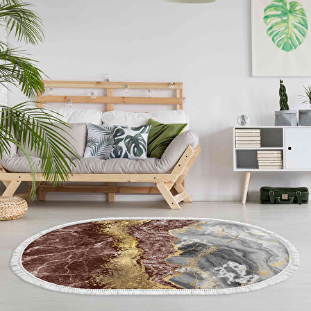 Alanur Trend Keçe Tabanlı Saçaklı Dijital Halı Yuvarlak