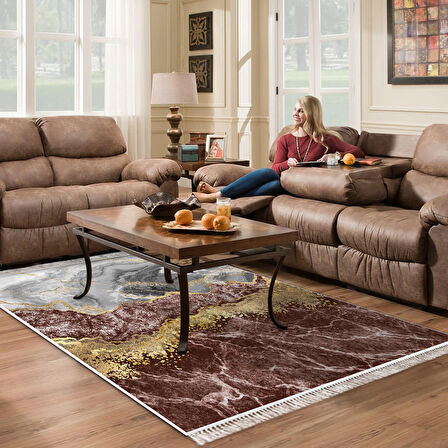 Alanur Trend Keçe Tabanlı Saçaklı Dijital Halı Yuvarlak