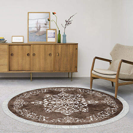 Alanur Yıldız Kaymaz Deri Tabanlı Saçaklı Dijital Halı Yuvarlak