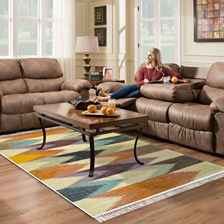 Alanur Yıldız Deri Tabanlı Saçaklı Dijital Halı Yuvarlak Multi