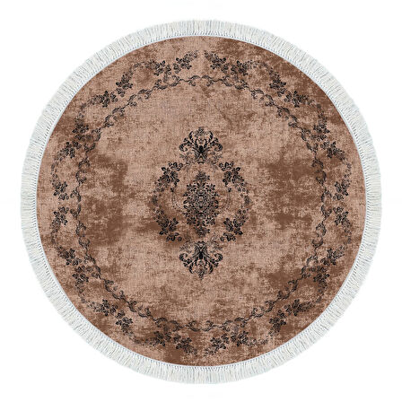 Alanur Trend Kaymaz Dod Tabanlı Saçaklı Dijital Halı Yuvarlak