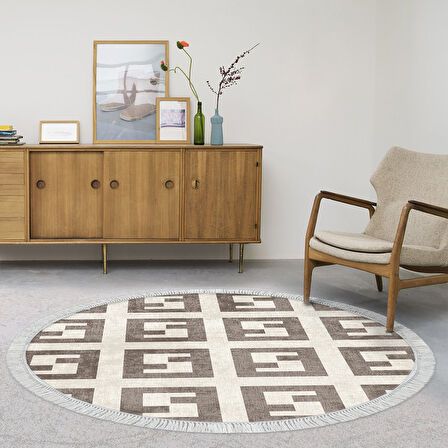 Alanur Yıldız Kaymaz Deri Tabanlı Saçaklı Dijital Halı Yuvarlak