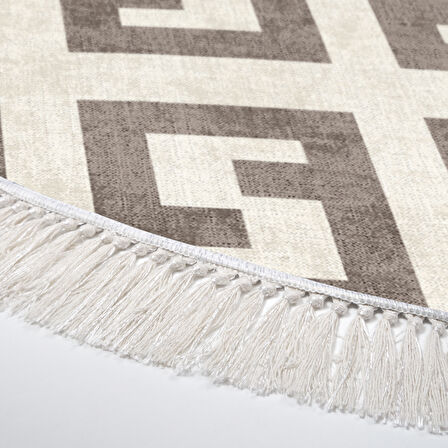 Alanur Yıldız Kaymaz Deri Tabanlı Saçaklı Dijital Halı Yuvarlak