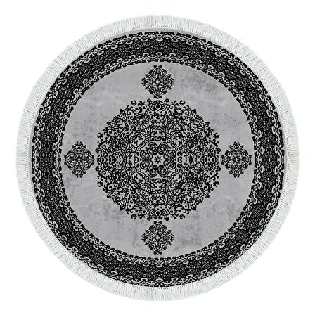 Alanur Star Kaymaz Pamuk Tabanlı Saçaklı Dijital Halı Yuvarlak