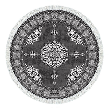 Alanur Yıldız Kaymaz Deri Tabanlı Saçaklı Dijital Halı Yuvarlak