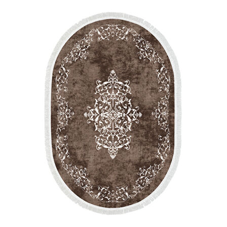 Alanur Trend Kaymaz Dod Tabanlı Saçaklı Dijital Halı Oval